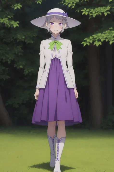 outdoors,grass,light smile,standing,
<lora:ç¦å°å¾å¨1V:0.7>,ç¦å°å¾å¨,1girl,solo,short hair,elf,grey hair,bangs,pointy ears,x hair ornament,purple eyes,
å¥è£äº,white headwear,sun hat,hat bow,high collar,white jacket,purple dress,green bowtie,boots,white footwear,, Exquisite visuals, high-definition,masterpiece,best quality,, 18yo,Young female,Beautiful Fingers,Beautiful long legs,Beautiful body,Beautiful Nose,Beautiful character design, perfect eyes, perfect face,expressive eyes,
official art,extremely detailed CG unity 8k wallpaper, perfect lighting,Colorful, Bright_Front_face_Lighting,shiny skin, 
(masterpiece:1.0),(best_quality:1.0), ultra high res,4K,ultra-detailed,
photography, 8K, HDR, highres, absurdres:1.2, Kodak portra 400, film grain, blurry background, bokeh:1.2, lens flare, (vibrant_color:1.2), (beautiful_face:1.5),(narrow_waist), ,NSFW,