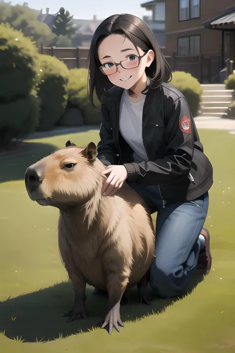 masterpiece, best quality, perfect lighting, depth of field, 1girl, onech, <lora:onech:0.9>, black jacket, open jacket, white shirt, pants, brown pants, outdoors, on grass, happy, slight smile, kneeling, petting, capybara, <lora:capi-09:0.85>, <lora:add_detail:0.2>, looking at viewer