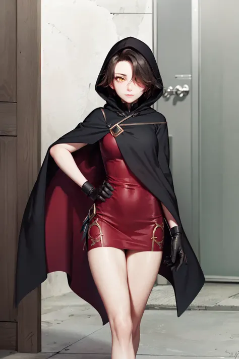 (masterpiece, best quality:1.2), <lora:rwby_cinder-10:1.0>, solo, 1girl, cinder fall, expressionless, hand on hip, short black hair, hair over one eye, hood up, yellow eyes, cloak, red dress, gloves