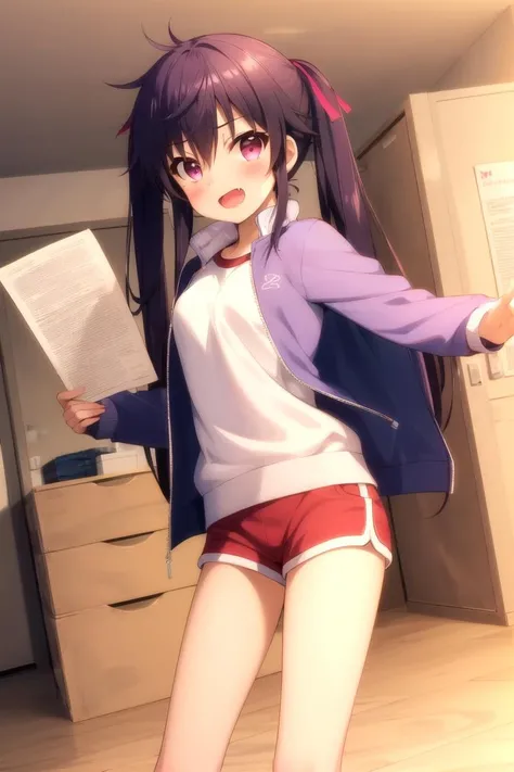 Elementary school girl, , toddler Flat chest, black hair, long hair, purple eyes smile (One person) Upper body plain white T-shirt Light blue panties ((I can see her panties)) barefoot Girl's Room Are standing She is showing off her panties and making a smug face. Dynamic Angle Low - Angle