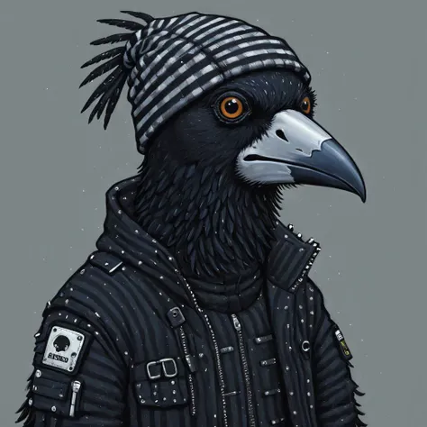 animal, furry, childrens_book_illustration of a cyberpunk raven dressed in striped black and white techwear jacket, beanie <lora:Childrens_book_illustration_SDXL:3>