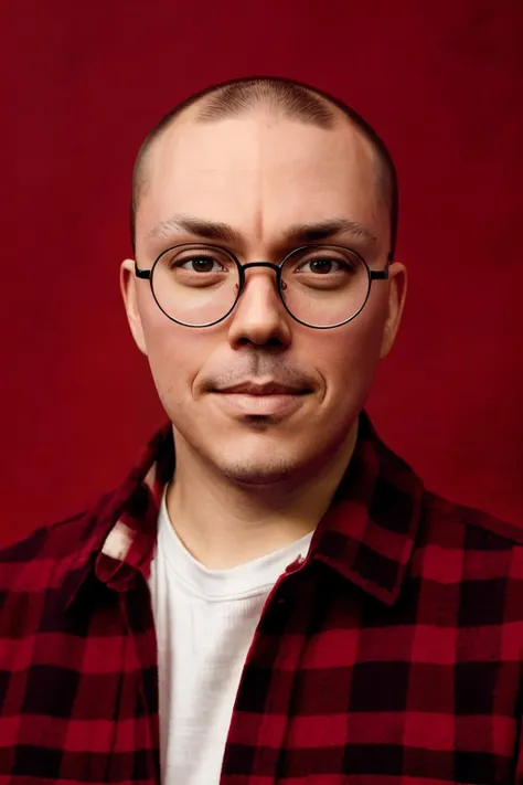 anthony fantano, handsome man in front of clean plain (red:0.8) background, one model, studio portrait, medium close-up, detailed skin, pores, goosebumps, scaled skin, sony alpha, advertising photography, bright high-key lighting, professional headshot, (red flannel:1), smirk, thin perfectly round circular glasses <lora:diffusiondudes_AnthonyFantano_V1-12:0.8>