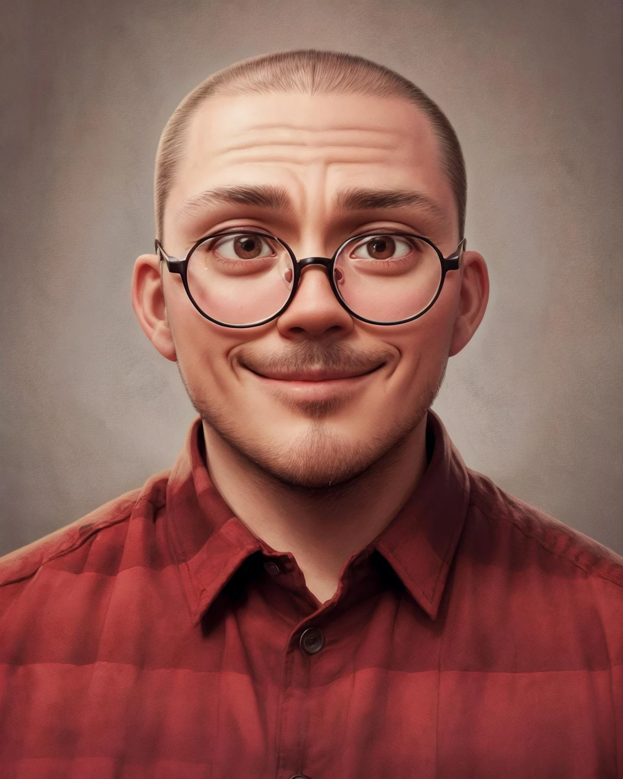 anthony fantano, handsome man, (closeup:0.6) portrait, upper body, pixar style, smirk, sharp focus, absurdres, masterpiece, clean plain red and black flannel pattern background, dynamic pose, (profile:0.5) <lora:add_detail:1>, round thin glasses <lora:diffusiondudes_AnthonyFantano_V1-12:0.9>