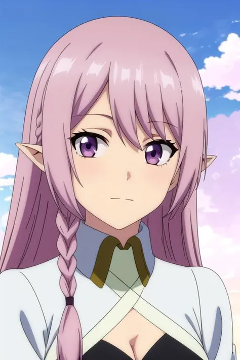 masterpiece, best quality, photorealistic, 1girl, solo, looking at viewer, , , anime coloring, , <lora:luna_heela:0.72>, luna_heela, pink hair, purple eyes, side braid, pointy ears