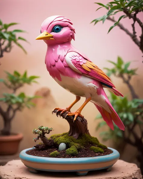 Cosplay Photograph, Oil painting, Bonsai of a (Lark:1.1) , the Lark is Mystifying, near Ruthless Libya, Proud, Cartooncore, Long exposure, Fuji superi400, 50mm, electric pink hue, absurdres, professional, art by Bastien Lecouffe-Deharme, <lora:Colorful_Plastic_SDXL:1> ais-colorfulplastic