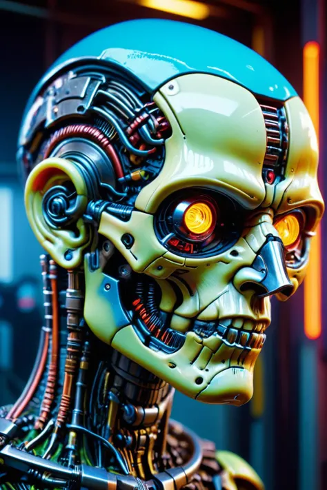 RAW photo of a <lora:madpunk:0.8> madpunk <lora:just_another_Cyborg_LoRa_SDXL:0.8> c1bo cyborg (Tilting head sideways, conveying curiosity) at a Underground cybernetic chop shop with stolen tech, super detail, ultra-realism, <lora:xl_more_art-full_v1:0.3>, <lora:blacklight_makeup_v2:0.7> blacklight makeup , <lora:quality1:0.6>, <lora:Colorful_Plastic_SDXL:0.6> ais-colorfulplastic