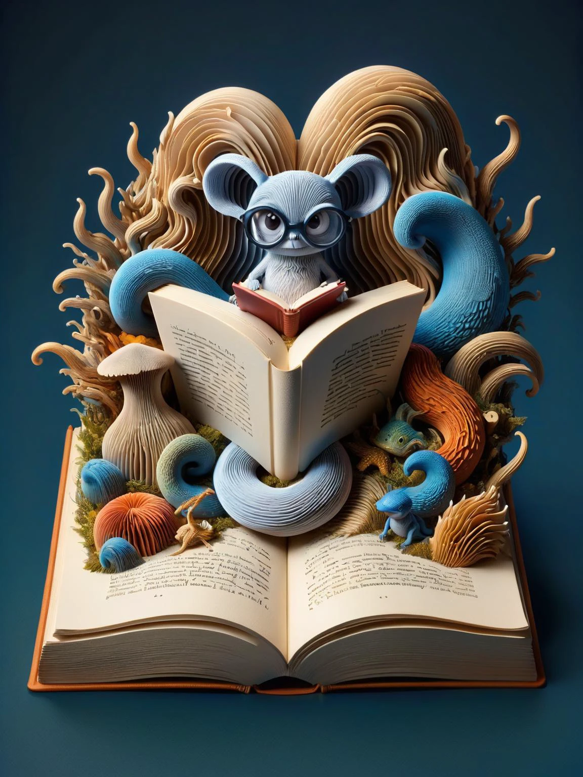ral-3dwvz, a tiny bookworm, nestled inside a giant, open book, surrounded by fantastical creatures <lora:ral-3dwvz-sdxl:1>, <lora:EnvyBetterHiresFixXL01:0:hr=1>