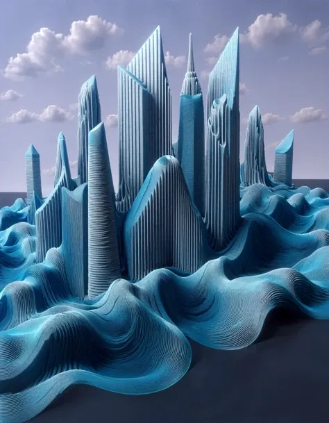 A stunning abstract 3D art piece by Ral-3dwvz, titled "Tomorrow's Dreams Built High," depicts a futuristic cityscape that reaches up towards the clouds. The artwork is created using CGI wave patterns to create an overlapping effect, giving it a unique and mesmerizing look. The skyscrapers in this city are sleek and modern, with clean lines and sharp angles. The buildings seem to be made of glass, reflecting the vibrant colors of the surrounding environment. The waves in the background add depth and movement to the piece, creating a sense of energy and excitement. The artist's name is prominently displayed at the bottom of the artwork, adding an element of prestige and recognition to this stunning creation.