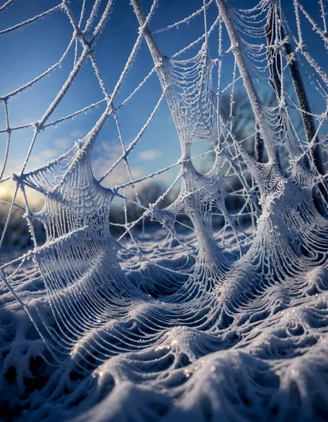 A mesmerizing abstract 3D art piece titled "Frost on a Spider Web" depicts a stunning display of intricate crystal patterns that glisten brightly against a backdrop of frost-covered spider webs. The artwork is created using CGI wave patterns, which overlap and intertwine to create a mesmerizing effect. The scene is set at sunrise, as the first rays of light break through the chill of the morning air, casting a warm glow over the icy landscape. The crystal patterns are reminiscent of frozen waterfalls or icicles, with each one shimmering and sparkling in the light. The spider webs add an element of delicacy and fragility to the scene, as if the viewer is witnessing a moment of stillness before the world awakens for another day. Overall, this piece captures the beauty and serenity of winter's first light, inviting viewers to immerse themselves in its breathtaking splendor.