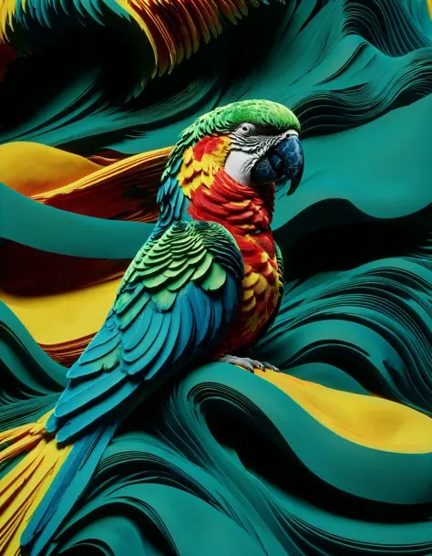 The artwork is a stunning 3D abstract piece that showcases intricate CGI wave patterns. The overlapping waves are layered and textured, creating a mesmerizing visual effect. The colors used in the piece are vibrant and bold, with shades of green, blue, and yellow dominating the scene. The feathers of a parrot are preened to shine, adding a pop of color and texture to the artwork. The parrot's tapestry is woven from nature's palette bright, with hues ranging from deep emerald greens to brilliant oranges and yellows. The overall effect is one of beauty, harmony, and balance, as if the piece were a living, breathing entity that had been brought to life through the power of art.