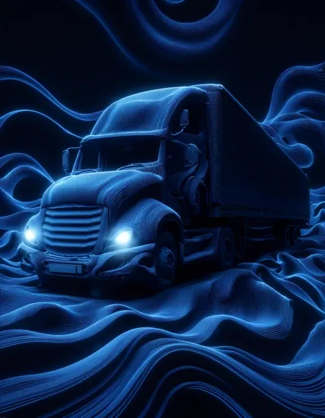 In this abstract 3D art piece by RAL-3dwvz, titled "Truck's Long Journey," we see a truck driving through the night on a winding road. The truck is depicted as a series of overlapping wave patterns that create a mesmerizing and hypnotic effect. The headlights are shown as two steady stars in the darkness, illuminating the way for the faithful traveler. The background is a deep, dark blue, with hints of purple and black. The artist's name, RAL-3dwvz, is prominently displayed at the bottom of the piece. This stunning artwork captures the essence of a long journey through the night, evoking feelings of mystery, adventure, and wonder.