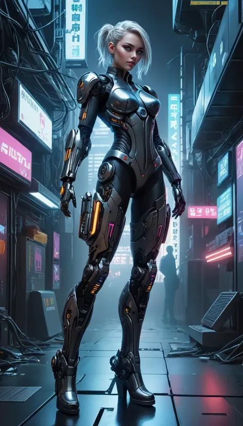 cybernetic style Conceive a portrayal of a Cyberpunk Girl, cowboy shot, radiating elegance and agility despite her augmented prowess. Cowboy shot, mechanical left arm, clad in a sleek ral-3dwvz power armor, petite athletic figure, she navigates the Deserted Street Underneath Cover of Night with silent steps, engulfed by an air of Mystery and Unease. Seamlessly Integrated Cybernetic Implants and Mechanical Parts bestow Superhuman Capabilities upon her, although their presence does little to detract from her innate Femininity. Compositionally speaking, adhere to the Rule of Thirds principle, which will grant equilibrium to the overall Scene and amplify its Dramatic Impact. style of Yasushi Nirasawa, style of Conor Harrington, style of Don Lawrence, style of Eddie Mendoza, embedding:SimplePositiveXLv2, . futuristic, technological, cybernetic enhancements, robotics, artificial intelligence themes,