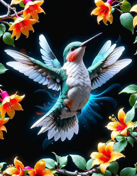forest black background, foldable contrast translucent white birch hummingbird, vivid, 8k, vibrant, ral-3dwvz,