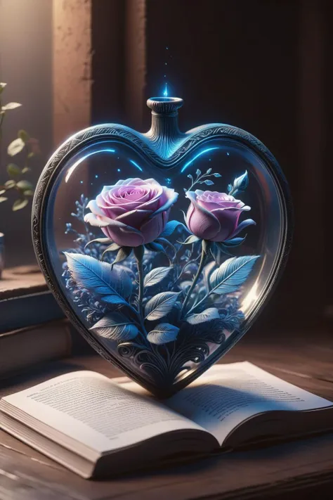 Digital Art,Concept Art,octane rendering,unreal engine,dreamlike scenes,delicate and rich light and color,superb light and shadow effects and color matching,aesthetic and romantic,Surrealistic,magical,fantasist,fantastic,Ornate And Intricate,unimaginable beauty,
A glowing [pink|purple] rose and some glowing blue plants in a transparent (heart-shaped:1.5) glass container,
this container in a love story book,extremely romantic mood,nostalgic atmosphere,gentle light and lingering composition,depth of field,<lora:-_SDXL_-_letitflrsh_let_it_flourish_V1.0:0.6>,letitflrsh,<lora:ral-3dwvz:1>, ral-3dwvz,