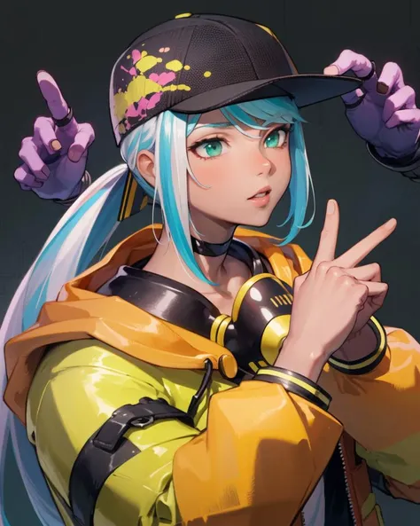 (masterpiece, best quality, high resolution, unity 8k wallpaper, extremely detailed CG:1), (illustration:1.0), 1girl,portrait, isla-ms, solo, hat, baseball cap, jacket, mask, respirator, choker, tattoo, oversized clothes, disembodied limb, yellow jacket, <lora:IslaMS:1>