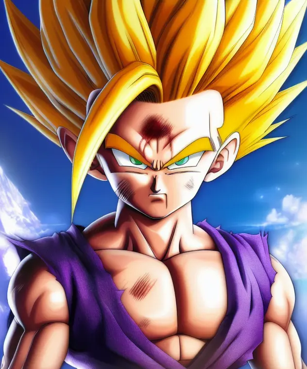 A Gohan Super Sajan 2 , digital art, master piece, scratches, head,anatomically correct, (((8k resolution))) , super sayan two hair, Inspirate by Son Gohan Super Sayan 2 by Dragon Ball Z, 1 character , a lock of bangs.