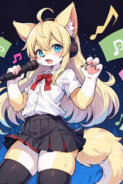 (furry female:1.2), (furry:1.2), (body fur:1.16), anthro, tail, masterpiece, best quality, furry female, furry, body fur, anthro, tail, 1girl, animal_ears, blonde_hair, blue_eyes, cat_ears, commentary_request, headset, long_hair, minty_(hanatori), music, open_mouth, reaching, revision, seeu, singing, skirt, solo, thighhighs, very_long_hair, vocaloid, white_legwear, zettai_ryouiki