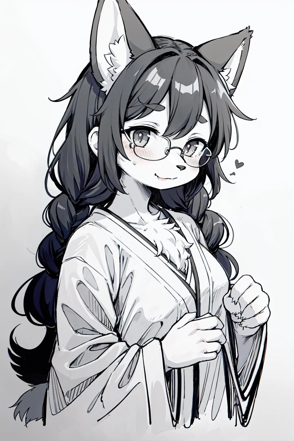 (furry female:1.2), (furry:1.2), (body fur:1.16), anthro, tail, 1girl, braid, commentary_request, glasses, gofu, greyscale, hyakko, long_hair, sketch, solo, suzugazaki_chie, traditional_media, twin_braids
