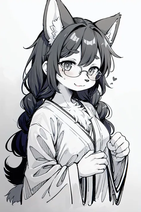 (furry female:1.2), (furry:1.2), (body fur:1.16), anthro, tail, 1girl, braid, commentary_request, glasses, gofu, greyscale, hyakko, long_hair,  sketch, solo, suzugazaki_chie, traditional_media, twin_braids