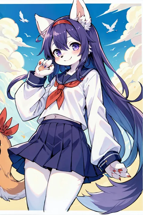 (furry female:1.2), (furry:1.2), (body fur:1.16), anthro, tail, 1girl, animal_on_arm, bangs, bird, bird_on_arm, cloud, crow, day, eye_contact, floating_hair, hairband, izumo, izumo_2, kitagawa_mai, light_smile, long_hair, long_sleeves, looking_at_another, neckerchief, official_art, outdoors, purple_eyes, scan, scan_artifacts, school_uniform, serafuku, shirt, silver_hair, sky, sleeve_cuffs, smile, solo, very_long_hair, white_shirt, yamamoto_kazue, yatarou_(izumo)