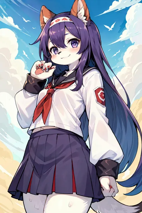 (furry female:1.2), (furry:1.2), (body fur:1.16), anthro, tail, 1girl, animal_on_arm, bangs, bird, bird_on_arm, cloud, crow, day, eye_contact, floating_hair, hairband, izumo, izumo_2, kitagawa_mai, light_smile, long_hair, long_sleeves, looking_at_another, neckerchief, official_art, outdoors, purple_eyes, scan, scan_artifacts, school_uniform, serafuku, shirt, silver_hair, sky, sleeve_cuffs, smile, solo, very_long_hair, white_shirt, yamamoto_kazue, yatarou_(izumo)