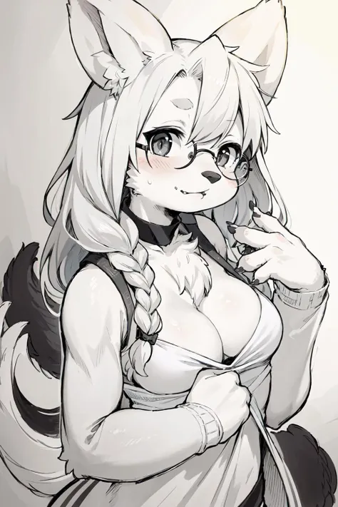 (furry female:1.2), (furry:1.2), (body fur:1.16), anthro, tail, 1girl, braid, commentary_request, glasses, gofu, greyscale, hyakko, long_hair,  sketch, solo, suzugazaki_chie, traditional_media, twin_braids