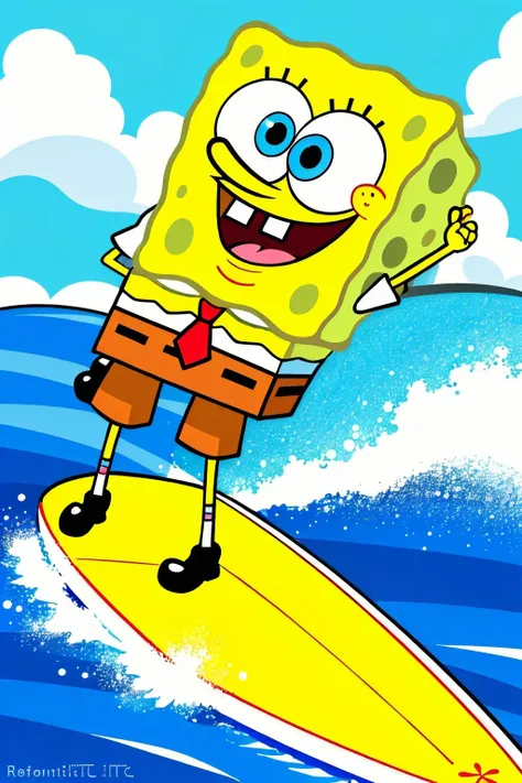 (view from back), (Realisitc:1.5), spongebob surfing the waves in a surf board, <lora:EdobSpongeBobSquarePants_v1.0:0.8>