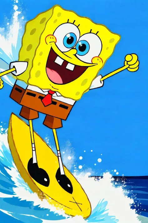 (Realisitc:1.5), spongebob is surfing the waves in a surf board, <lora:EdobSpongeBobSquarePants_v1.0:0.8>