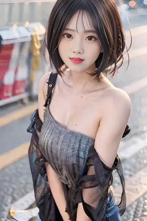 (skin blemish:0.8), (skindentation), black eye, 1woman, 25yo, (((woman))), solo, realistic, best quality, photorealistic, masterpiece, 8k, high res, solo, extremely detailed face, (professional lighting, bokeh), (light particles, lens flare, glowing particles:0.6), (dynamic pose:1.2), soft lighting, top angle view, fashionable and trendy atmosphere, japan, street, tokyo, city, ((daytime)), sky, ((looking at the viewer:1)), (looking at the camera),(portrait:0.6), cowboy shot,  gorgeous, standing, keep original facial proportion, wide shoulder, (medium breast), (medium hair), brown hair, floating hair, lips, lipstick, seductive smile, floating hair, smile, open mouth, teeth, casual wear, dresses, eyelashes, mole, (mole under eye:1), mature body,   <lora:Chinesegirl02:1>