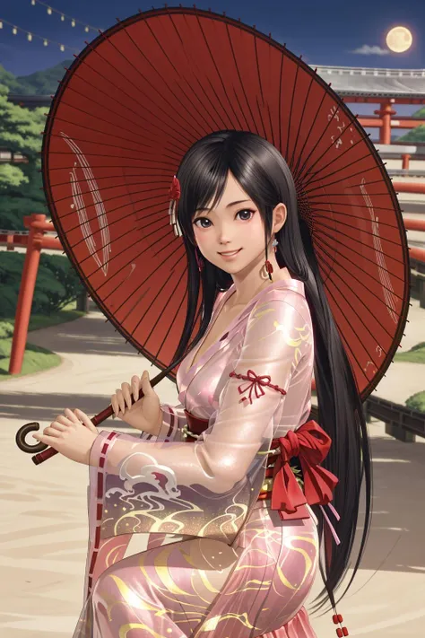 masterpiece, best quality, kokoro, black hair, black eyes, japanese clothes, oil-paper umbrella, looking at viewer, sakuramon, moonlight, (smile:0.6) <lora:doaxvv_kokoro-4:0.7>