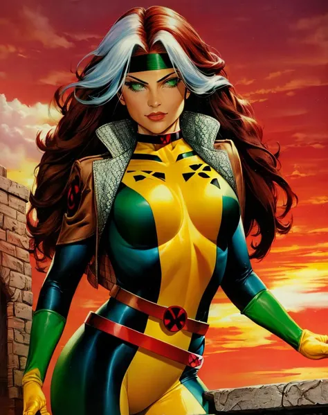 rogue (x-men), masterpiece, best quality, cowboy shot, 1girl, solo, yellow and green outfit, green eyes, (beautiful eyes), red sky, bodysuit, green headband, belt, choker, <lora:roguev1:1> <lora:joe_jusko_style-10:.75>