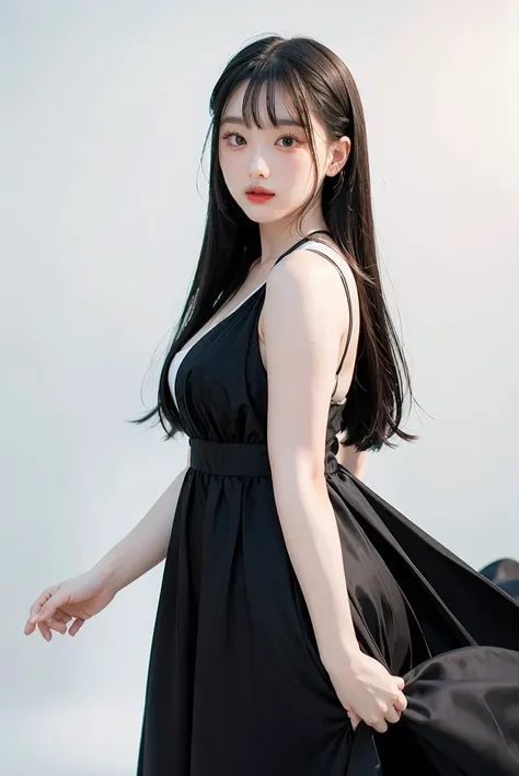 1girl,hair with bangs,black long dress,white background, thicc <lora:Aheye4EVE_V1-04:1>