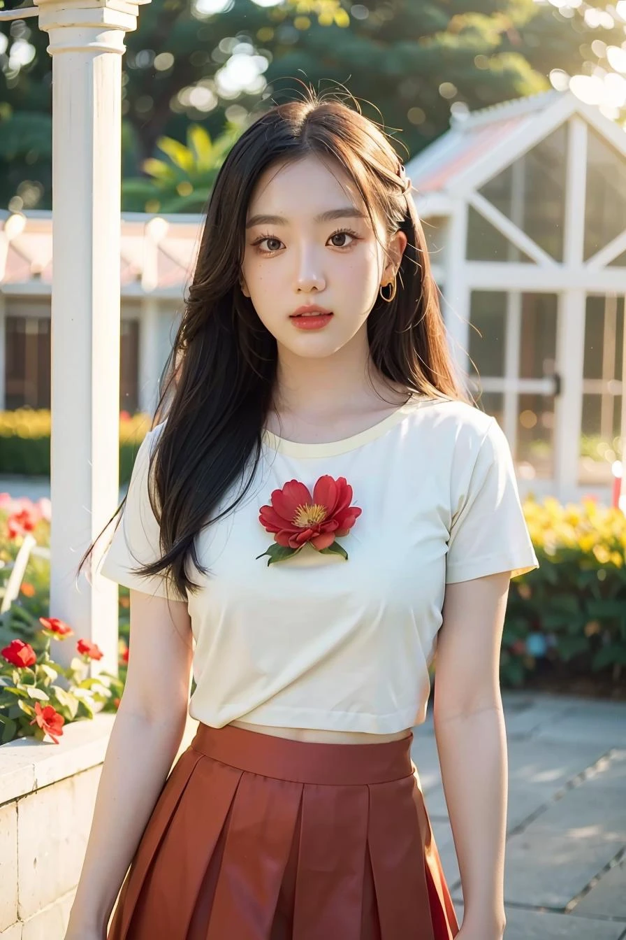 1girl, red skirt, white shirt, (flower green house background:1.2), (from front:1.2), shot on Canon EOS 5D, (golden hour, rim light:1.2), (soft light:1.2), best quality, ultra high res, (photorealistic:1.4), masterpiece, real life skin, hyper real, perspective <lora:Aheye4EVE_V1-04:1>