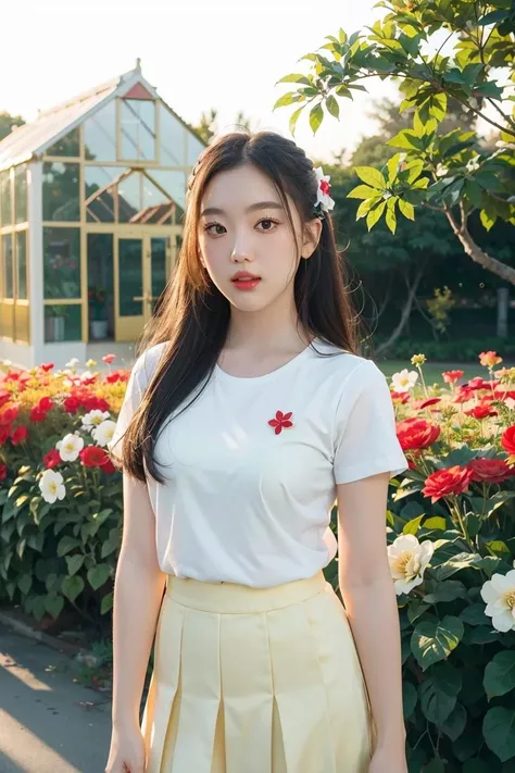 1girl, red skirt, white shirt, (flower green house background:1.2), (from front:1.2), shot on Canon EOS 5D, (golden hour, rim light:1.2), (soft light:1.2), best quality, ultra high res, (photorealistic:1.4), masterpiece, real life skin, hyper real, perspective <lora:Aheye4EVE_V1-04:1>