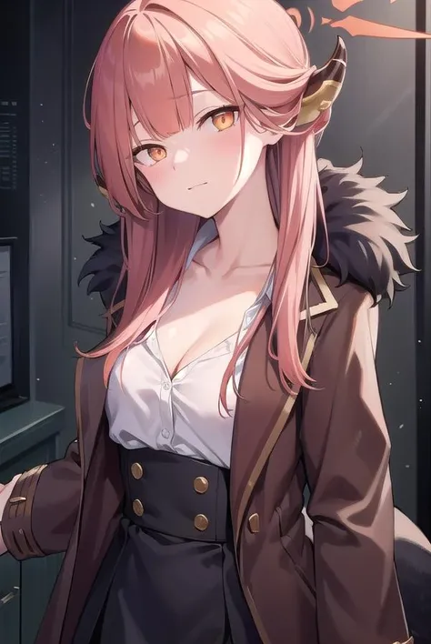 bluearchivearu, <lora:bluearchivearu-lora-nochekaiser:1>, 
aru, halo, horns, long hair, (orange eyes:1.5), pink hair, bangs, blunt bangs,
BREAK black footwear, coat, collarbone, high heels, horns, long sleeves, red coat, shirt, white shirt, fur trim,
BREAK looking at viewer, 
BREAK indoors, classroom,
BREAK <lyco:GoodHands-beta2:1>, (masterpiece:1.2), best quality, high resolution, unity 8k wallpaper, (illustration:0.8), (beautiful detailed eyes:1.6), extremely detailed face, perfect lighting, extremely detailed CG, (perfect hands, perfect anatomy),