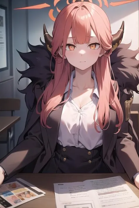bluearchivearu, <lora:bluearchivearu-lora-nochekaiser:1>, 
aru, halo, horns, long hair, (orange eyes:1.5), pink hair, bangs, blunt bangs,
BREAK black footwear, coat, collarbone, high heels, horns, long sleeves, red coat, shirt, white shirt, fur trim,
BREAK looking at viewer, 
BREAK indoors, classroom,
BREAK <lyco:GoodHands-beta2:1>, (masterpiece:1.2), best quality, high resolution, unity 8k wallpaper, (illustration:0.8), (beautiful detailed eyes:1.6), extremely detailed face, perfect lighting, extremely detailed CG, (perfect hands, perfect anatomy),