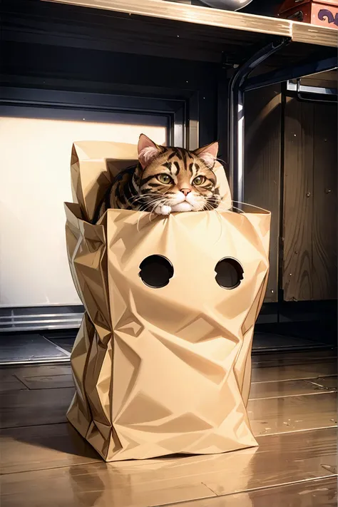 <lora:flat2:-1>, no human, <lora:paperbag:1>, paperbag, The cat put its head inside a paper bag.