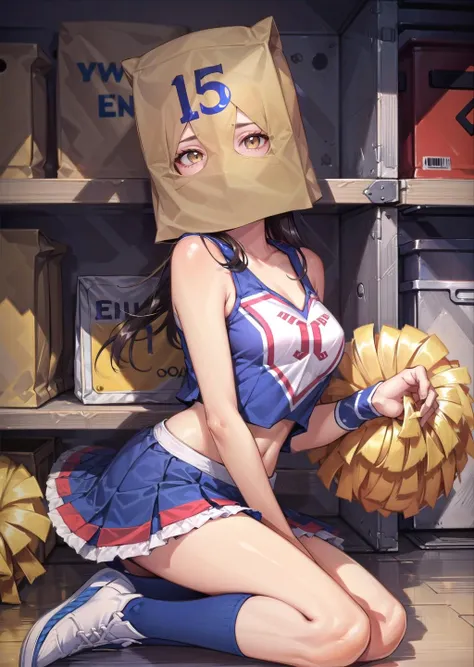 (1girl) (digital) ( resting in detailed storage room (Cheerleader Outfit)) , best quality, <lora:boldline:0.2>, <lora:hairdetailer:0.2> paperbag, <lora:paperbag:1>