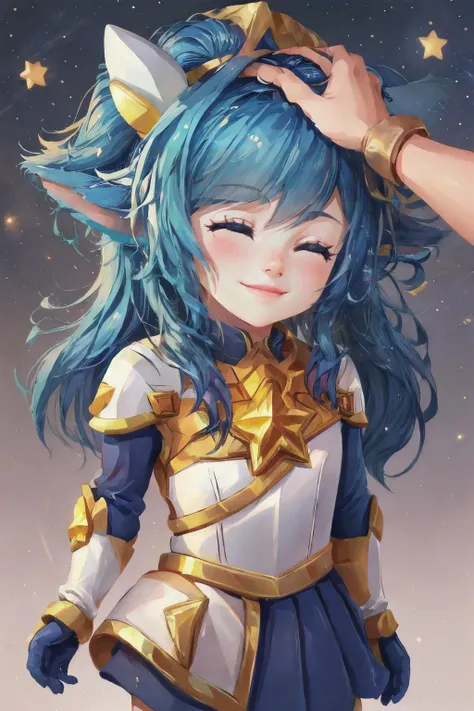 Highly detailed, High Quality, Masterpiece, beautiful, <lora:StarGuardianPoppy-10:1>, StarGuardianPoppy, yordle, 1girl, solo, <lora:HeadpatPOV:1>, headpat, closed eyes, smile, cowboy shot,