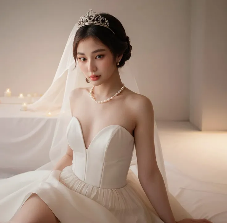 Minimalist style an asian woman wearing a tiara poses for a photo wearing a pearl dress<lora:chiefilomeno:1> . Simple, clean, uncluttered, modern, elegant