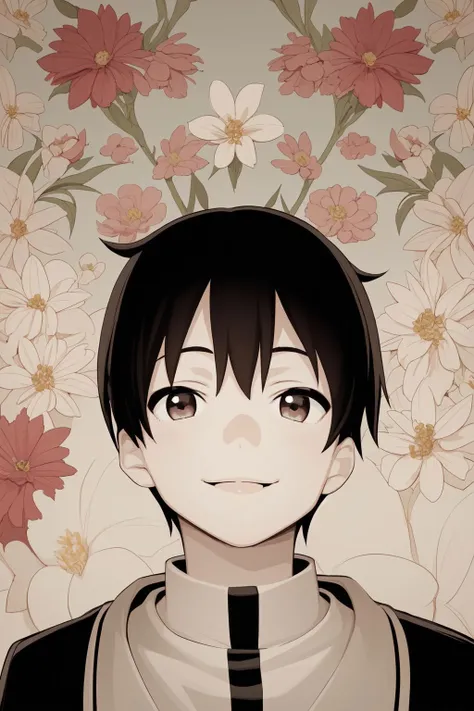 portrait, solo, 1boy, look up to, smile, glttering light, Boronia \(flower\), floral background <lora:haruno_shuu_style_v01:1>