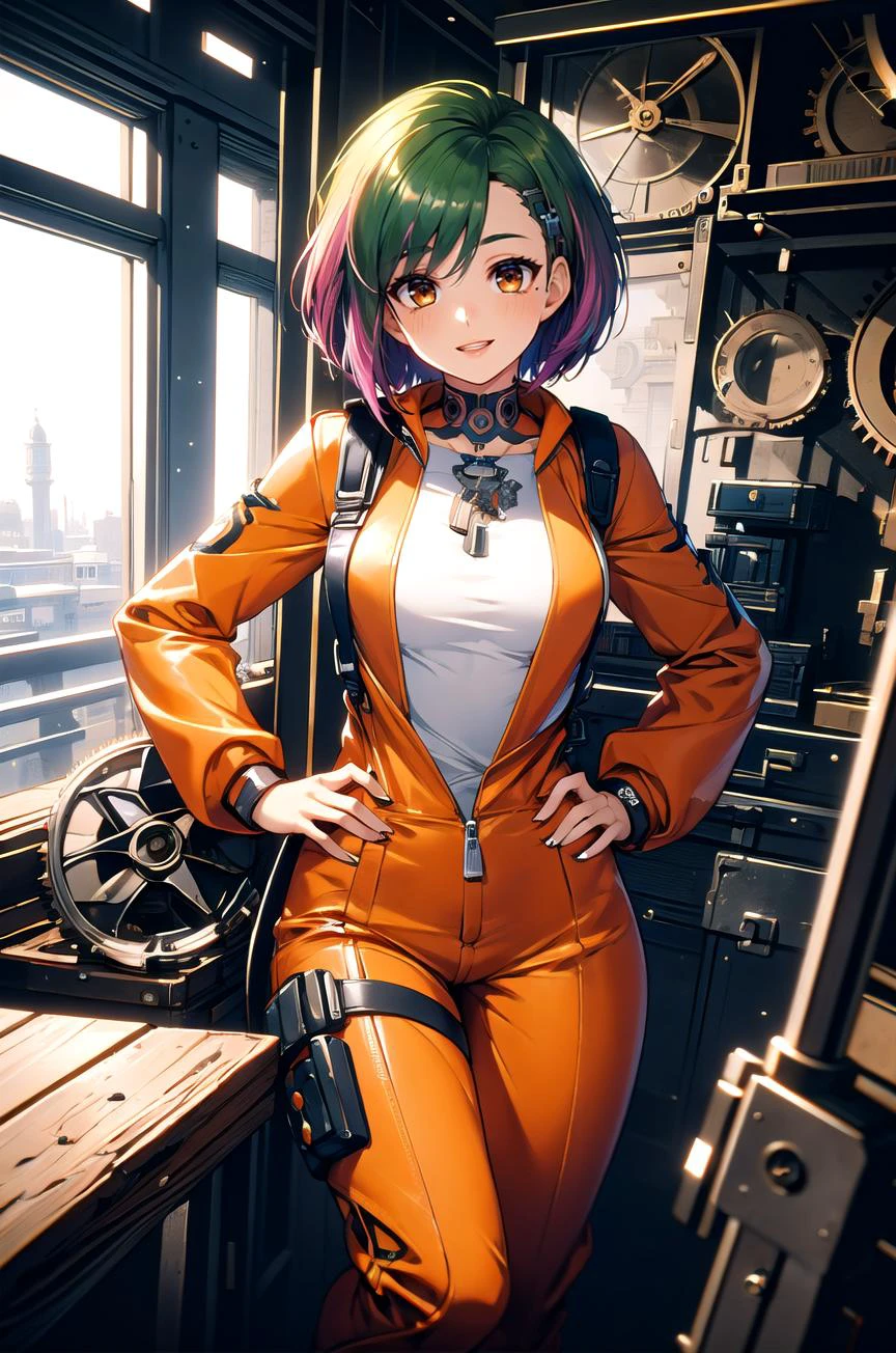 (masterpiece, best quality, detailed), 1girl, solo, looking at viewer,
<lora:CyberJudy:0.95>, CyberJudy, asymmetrical hair, green hair, pink hair, brown eyes, tattoo, (mechanic, orange jumpsuit), <lora:gearEntangle:0.45>, gear, machine, indoors, clock, chair, table, book stack, hands on hips, smile, parted lips