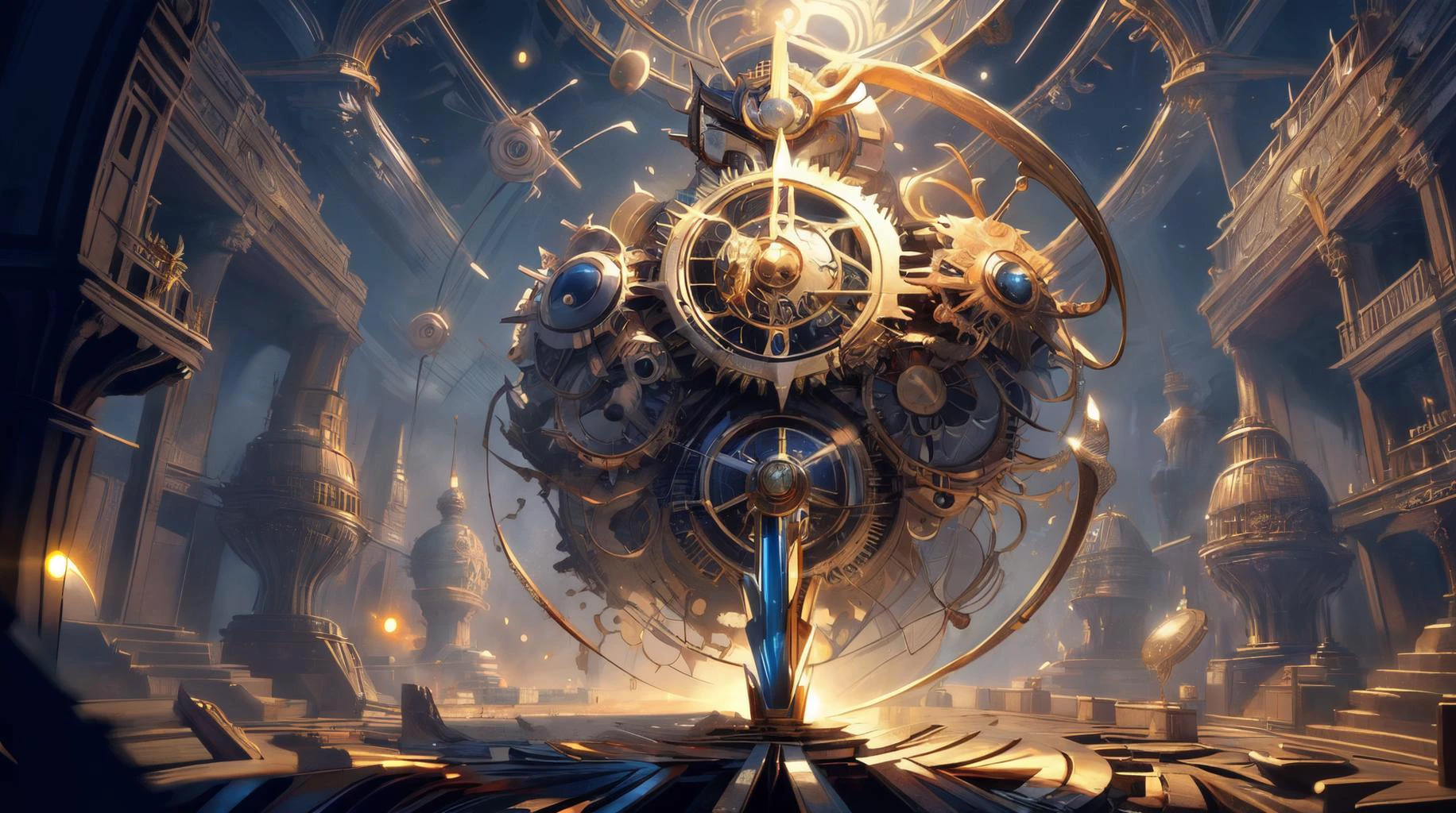 (masterpiece, best quality, fullscreen), [(full body:1.2)::0.2] portrait (photo of a colossal [Vibrant::0.2] [magical being:humanoid creature:0.4]:1.1), <lora:EYES Solid-10:0.7> solid eyes, colored sclera, (bioluminescent glowing Gritty skin:1.5), (Whimsical:0.5), (Shapely Hamstrings:0.5), (Plantigrade Appendages Griffin Wings Narrow Jaw Horned Ears:0.9), (Fur body shape:0.9), (Duck head:0.9), (one Clawed Appendages:1.4), (Amusement expression), <lora:EFFECT GearUniverse:0.2> (metal gears), <lora:MONSTER ral-zhibi-sd15:0.4> zhibi, (giant Granular sundial in the background:1.5), ([Quantum Lights,Otherworldly Glow]:1.0), (Glowing atmosphere:1.1), <lora:EFFECT gearEntangle:0.3> gear, <lora:BACKGROUND clock:0.4> clock, wheel, gear, <lora:QUALITY Space - [Background] - Version 1:0.6>, , (look at the viewer:1.3), ,<lora:LIGHT NOISEOFFSET_V2_BY_STABLE_YOGI:0.6> dimly lit, rim lighting, two-tone, <lora:LIGHT kkw-HDR-v1.0a:0.4> kkw-HDR, <lora:QUALITY add_detail:0.5>, <lora:QUALITY kkw-better-v1.0a:0.4>, <lora:BACKGROUND booscapes_v2:0.2>, (Full body Shot, Shallow Focus Shot, Low Angle Shot:[1.2:0.5:0.1]), heavily detailed, gloomy, fairytale, (asymmetric composition:1.3), (sharp focus), <lora:EFFECT Magic card fakemtg_label:1> fakemtg, (no humans), intricate, elegant, highly detailed, centered, digital painting, artstation, concept art, smooth, sharp focus, illustration, artgerm, tomasz alen kopera, peter mohrbacher, donato giancola, joseph christian leyendecker, wlop, boris vallejo