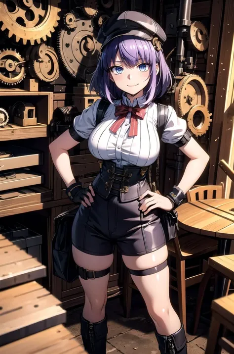 (masterpiece, best quality, detailed), 1girl, solo, looking at viewer, 
<lora:ShidareHotaru:0.6>, pikkyhotaru, purple hair, short hair, ringed eyes, blue eyes, breasts, large breasts, bag, belt pouch, cabbie hat, corset, gloves, pouch, shoulder bag, thigh holster, thigh strap, boots, suspenders, wristband, steampunk, <lora:gearEntangle:0.5>, gear, machine, indoors, clock, chair, table, book stack, hands on hips, smug, smile, closed mouth