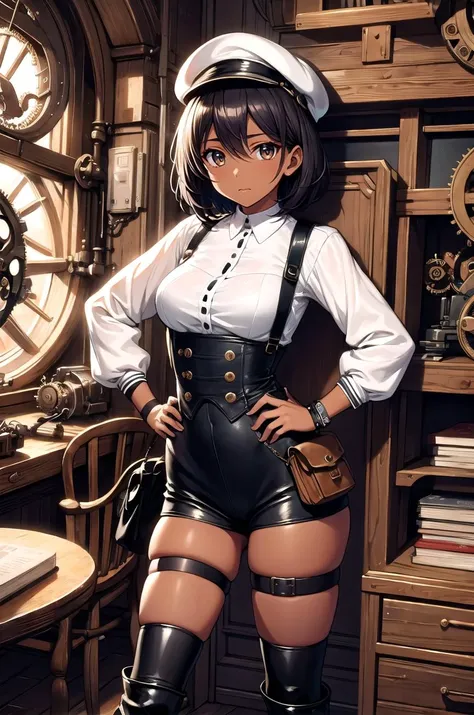 (masterpiece, best quality, detailed), 1girl, solo, looking at viewer,
<lora:2p_v0_3_prod:0.9>, y2p, (dark skin), black hair, short hair, bag, belt pouch, cabbie hat, corset, gloves, pouch, shoulder bag, thigh holster, thigh strap, boots, suspenders, wristband, steampunk, <lora:gearEntangle:0.45>, gear, machine, indoors, clock, chair, table, book stack, hands on hips, closed mouth