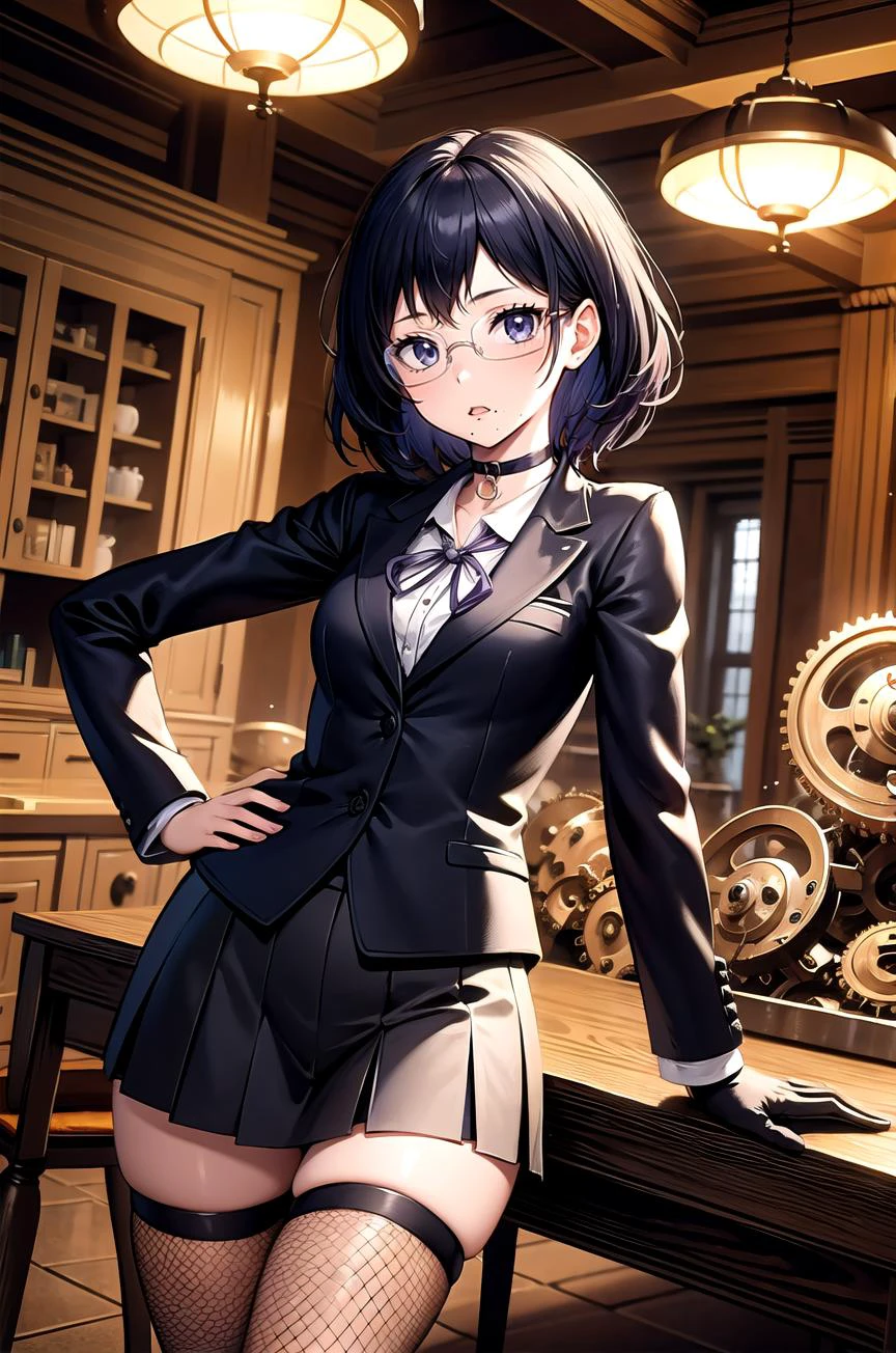 (masterpiece, best quality, detailed), 1girl, solo, looking at viewer,
<lora:shimizu_kiyoko_v1:0.7>, aakiyoko, short hair, black eyes, glasses, mole under mouth, tailcoat, fishnet top, single thighhigh, single sleeve, medical eyepatch, purple ribbon, choker, single glove, glowing eye, bandaged arm, <lora:gearEntangle:0.45>, gear, machine, indoors, clock, chair, table, book stack, contrapposto, parted lips