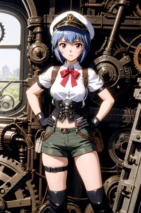 (masterpiece, best quality, detailed), 1girl, solo, looking at viewer, 
<lora:Ayanami:0.7>, pikkyayanami, blue hair, short hair, bangs, red eyes, small breasts, bag, belt pouch, cabbie hat, corset, gloves, pouch, shoulder bag, thigh holster, thigh strap, boots, suspenders, wristband, steampunk, <lora:gearEntangle:0.45>, gear, machine, indoors, clock, chair, table, book stack, hands on hips, parted lips