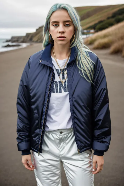 <lora:b1ll1331l1sh:0.9>, a Realistic portrait of b1ll1331l1sh woman, 1girl, solo, long hair, looking at viewer, blue eyes, shirt, jewelry, standing, jacket, full body, white hair, shoes, pants, english text, lips, black pants, white footwear, watch, realistic, jacket on shoulders, wristwatch, headphones around neck, magazine cover, fashion, professional Photography, Photorealistic, detailed eyes, RAW, analog, sharp focus, 8k, HD, DSLR, high quality, Fujifilm XT3, film grain, award winning, masterpiece
