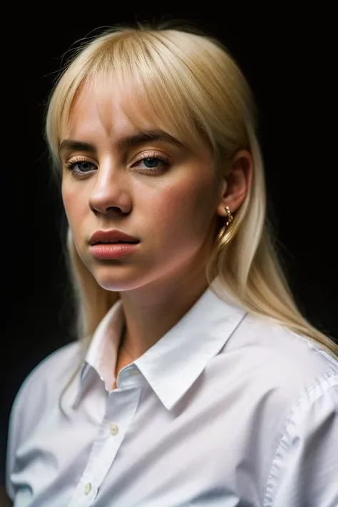 <lora:b1ll1331l1sh:0.9>, a Realistic portrait of b1ll1331l1sh woman, 1girl, solo, long hair, bangs, blue eyes, blonde hair, simple background, shirt, closed mouth, white shirt, collared shirt, lips, portrait, brown background, realistic, nose, professional Photography, Photorealistic, detailed eyes, RAW, analog, sharp focus, 8k, HD, DSLR, high quality, Fujifilm XT3, film grain, award winning, masterpiece