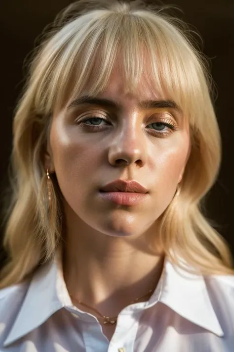<lora:b1ll1331l1sh:0.9>, a Realistic portrait of b1ll1331l1sh woman,  1girl, solo, long hair, bangs, blue eyes, blonde hair, simple background, shirt, closed mouth, white shirt, collared shirt, lips, portrait, brown background, realistic, nose, professional Photography, Photorealistic, detailed eyes, RAW, analog, sharp focus, 8k, HD, DSLR, high quality, Fujifilm XT3, film grain, award winning, masterpiece